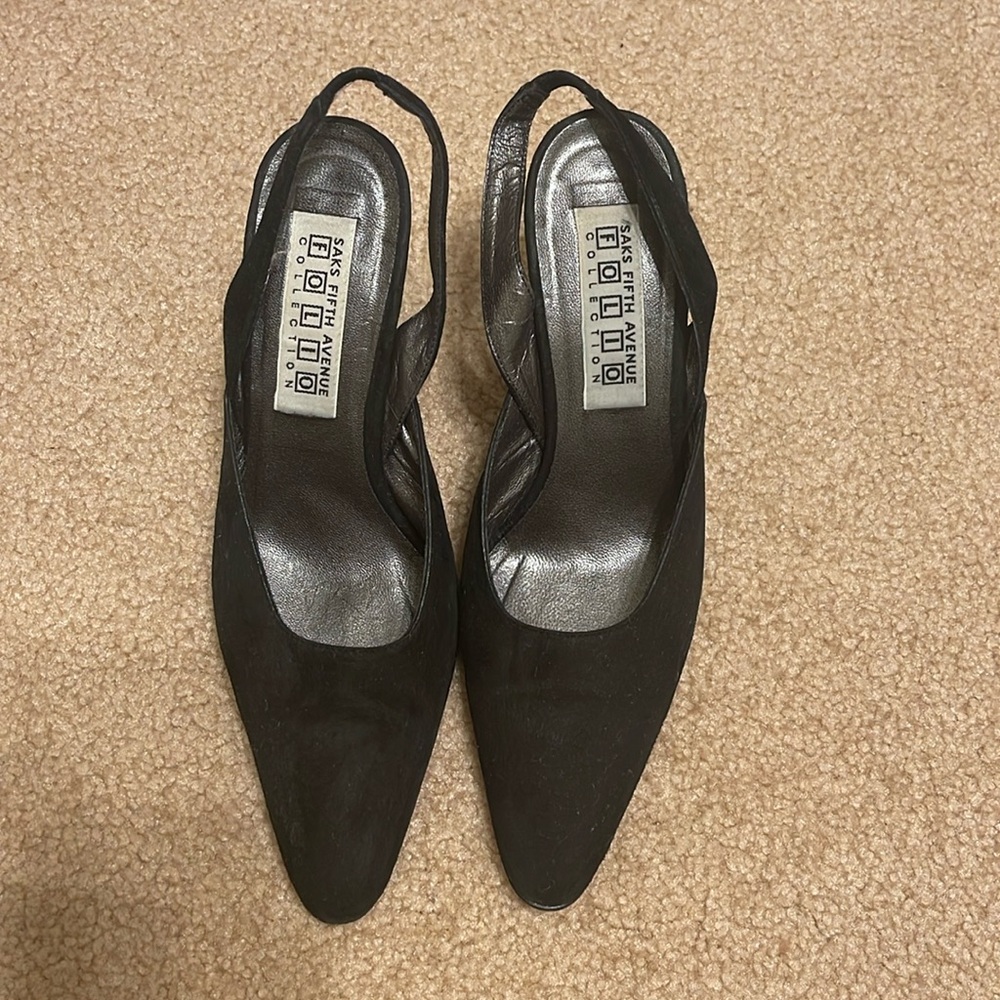 Vintage Saks Fifth Avenue Folio Collection Black Slingbacks Suede Pumps Size 7.5
